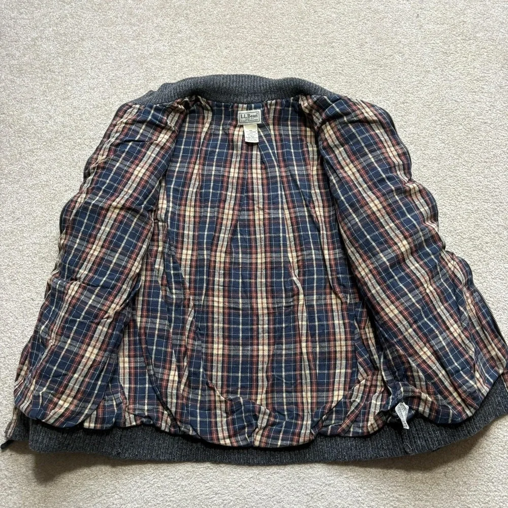 L.L.Bean Sweater LT 20x26 Gray‎ Lambswool Full Zip Mock Neck Plaid Lined Warm